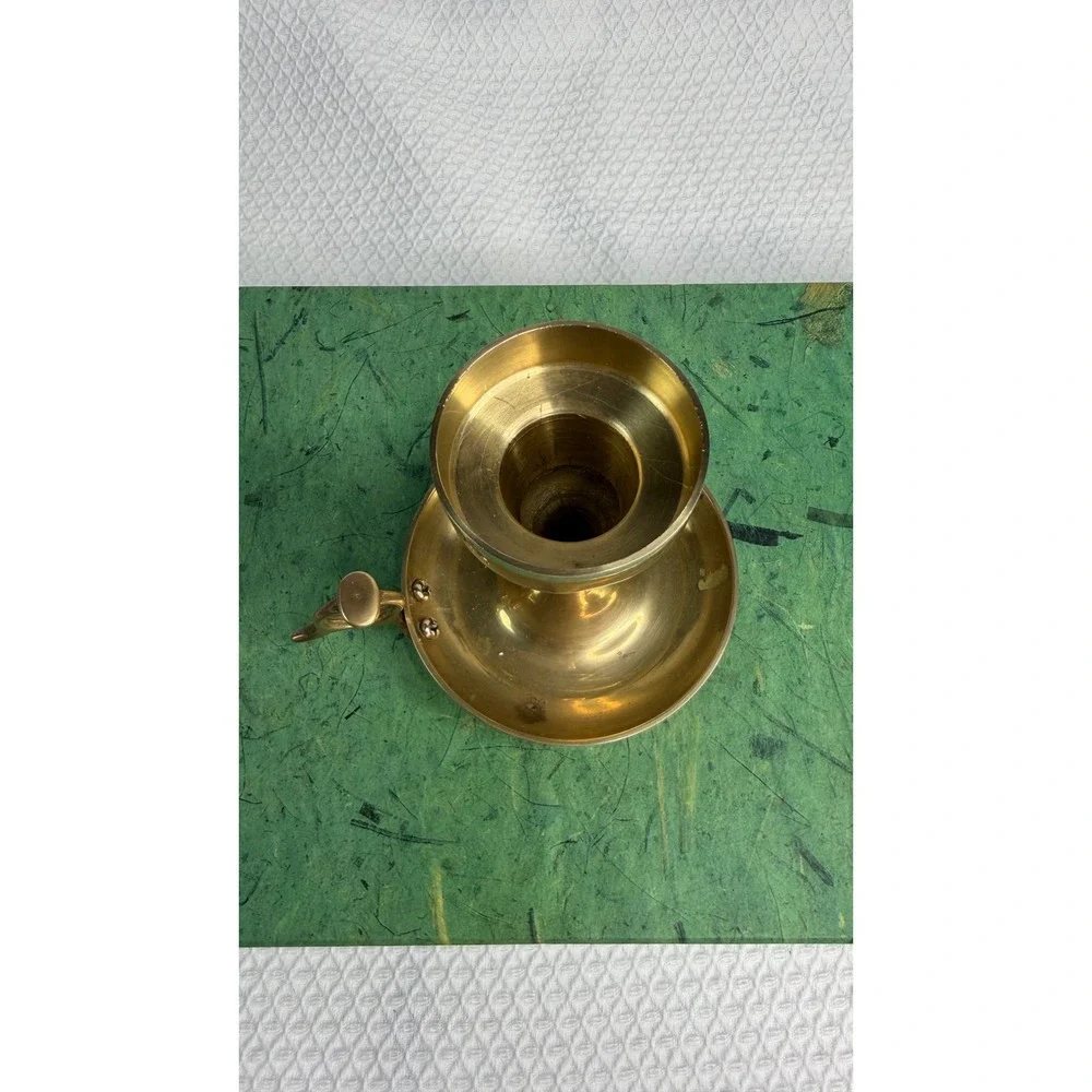 Vintage Solid Brass Chamberstick Candle Holder Gold Colonial Style Finger Loop